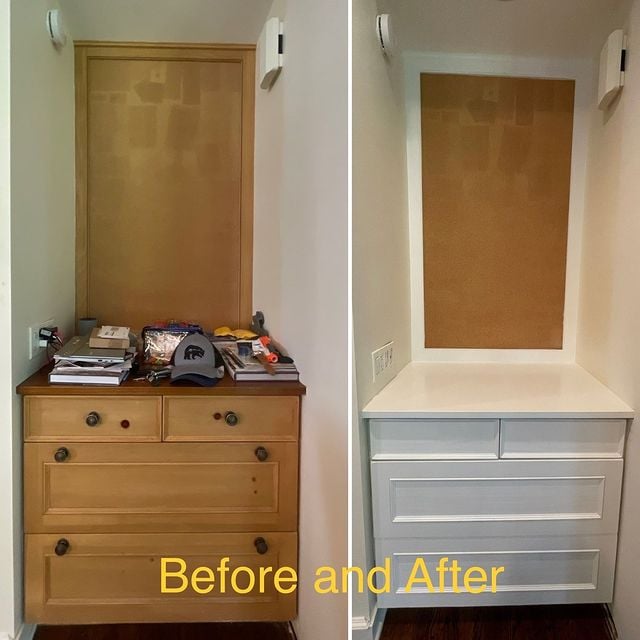 before and after wood and white cabinets