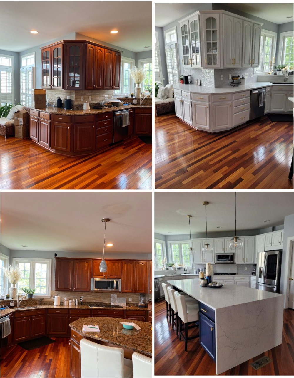 Before and After Transformation of Brown Kitchen Cabinets to White.