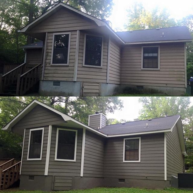 Before and after brown house with white accents