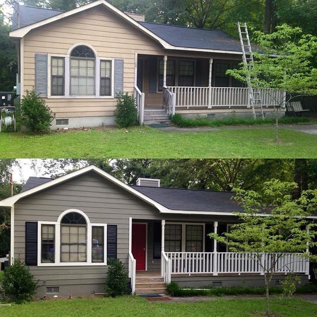 Before and after brown house with white accents