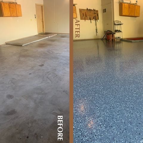 Before and after garage epoxy floor project in garage
