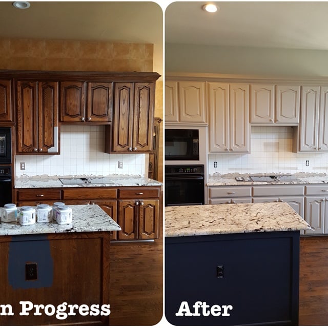 Before and after kitchen cabinet repainting