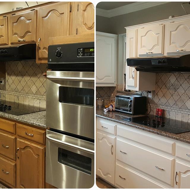 Before and after kitchen cabinet repainting
