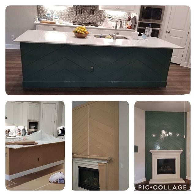 Before and after kitchen island and fireplace