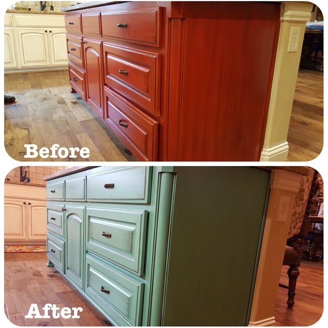 Before and after wood kitchen cabinet painted green