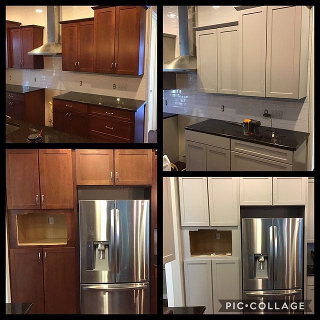 Brown and white cabinets with fridge