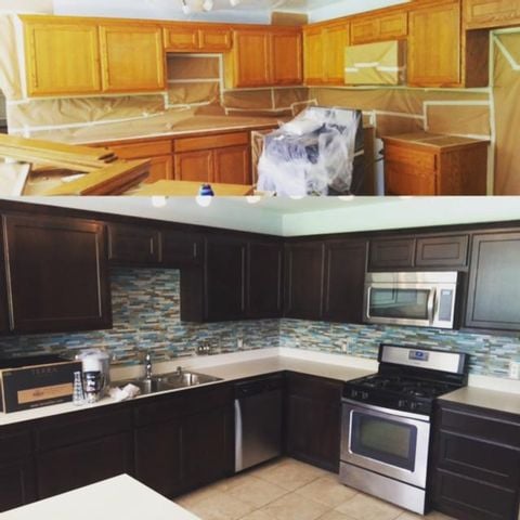Cabinets stained using MinWax Jacobean #kitchen