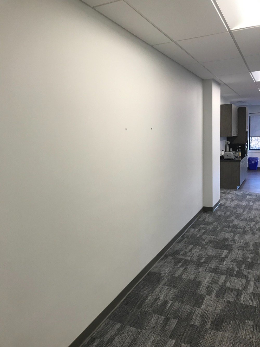Business office hallway carpeted cream painted hallway walls leading to kitchen