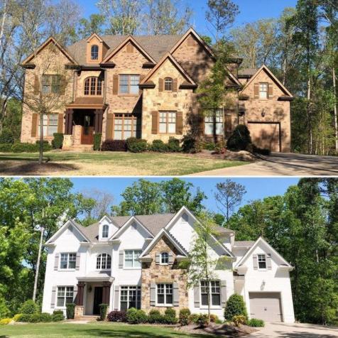 Before and after of exterior of stone house painted white