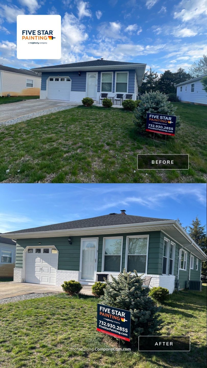 Before and after photos of a home exterior transformation, showing the difference a fresh coat of paint can make.