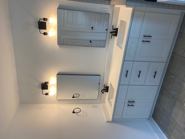 Interior master bathroom Sherwin Williams SW7005 Pure White flat on walls, SW7005 Semi Gloss on trim Auburn Alabama.