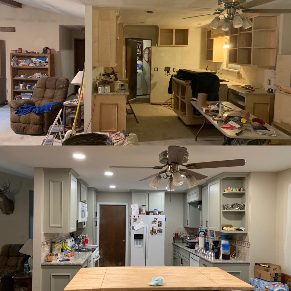 Interior painting as part of a kitchen remodel. The walls, ceilings, cabinets, and trim were all included. Colors: Sherwin Williams - Cabinets- Silvermist, Walls-Accessible Beige, Ceilings- Extra White