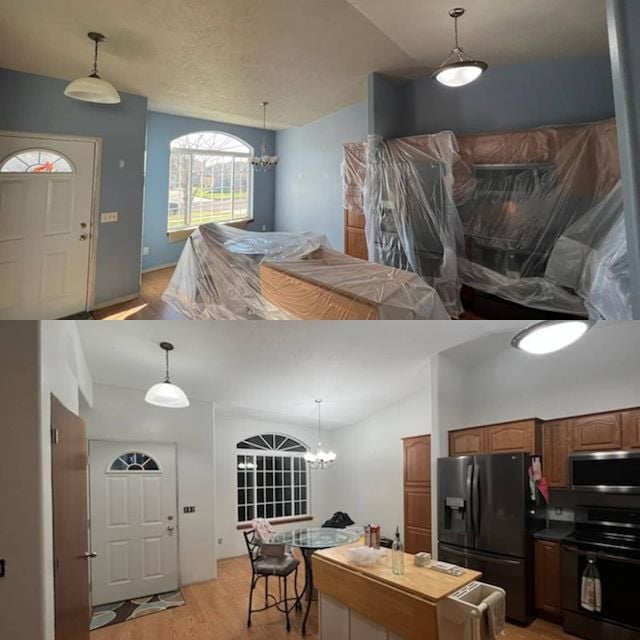 Before and after interior painting in kitchen and dining area