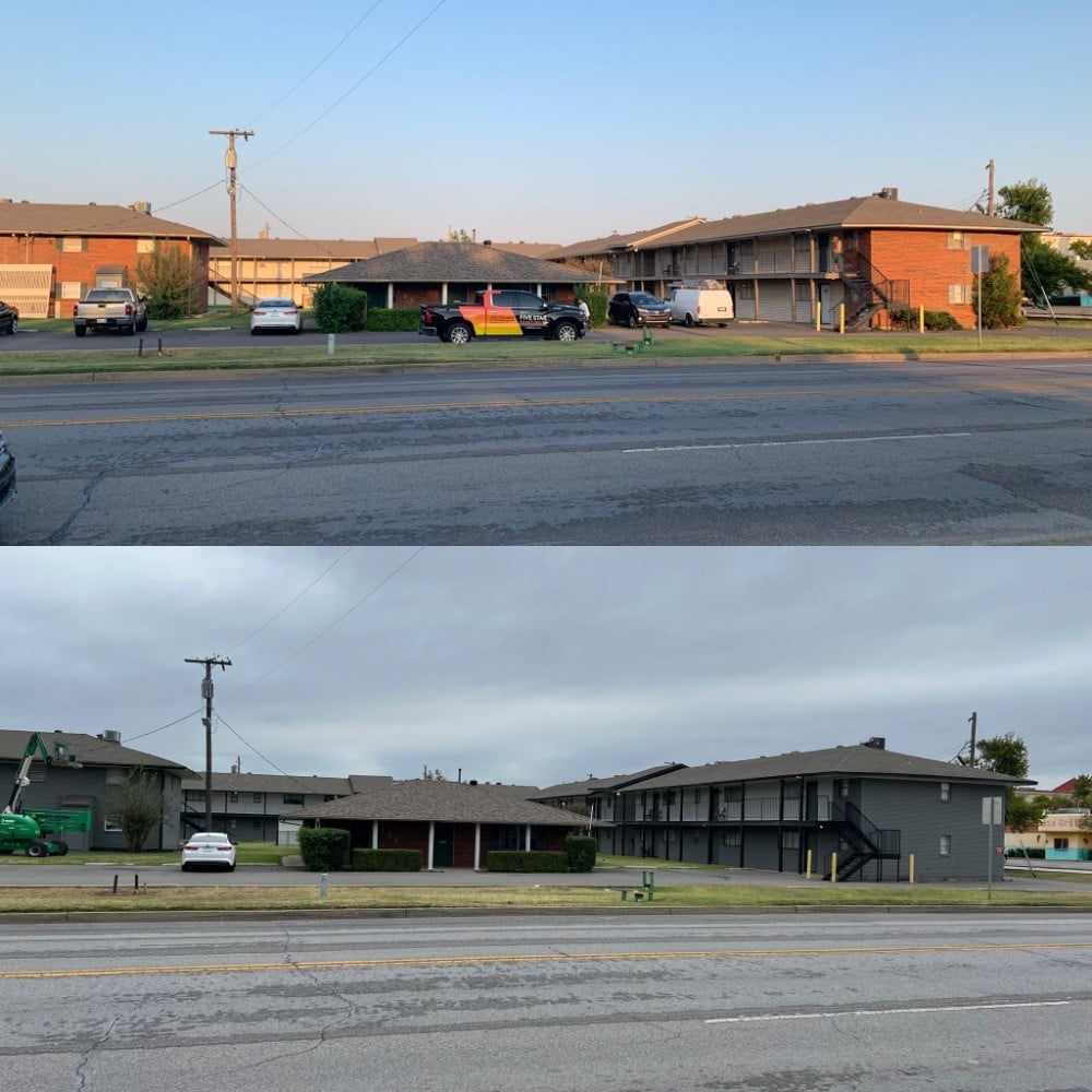 Multifamily remodel with exterior painting. Colors: Sherwin Williams paint with Benjamin Moore - White Whisp primary color, Amhurst Grey secondary color, Black Beauty accents.