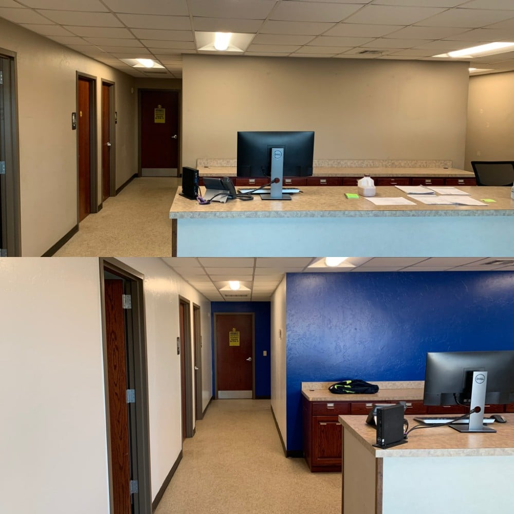 Office painting royal blue and white walls.