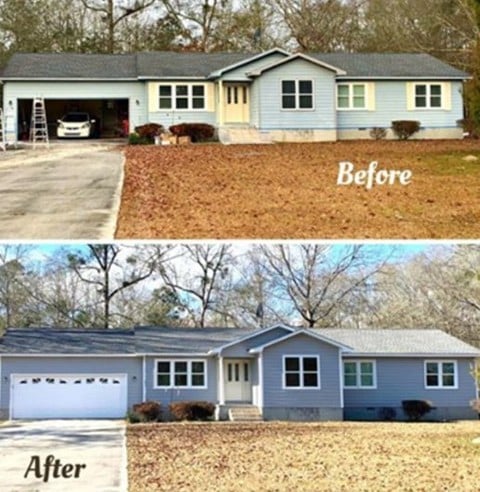 Before and after of home painted blue.
