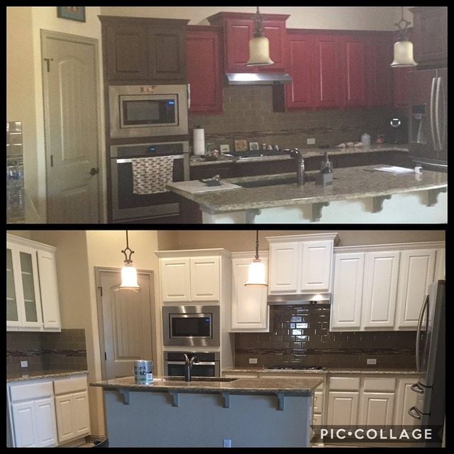 Red kitchen and white kitchen with brown counters