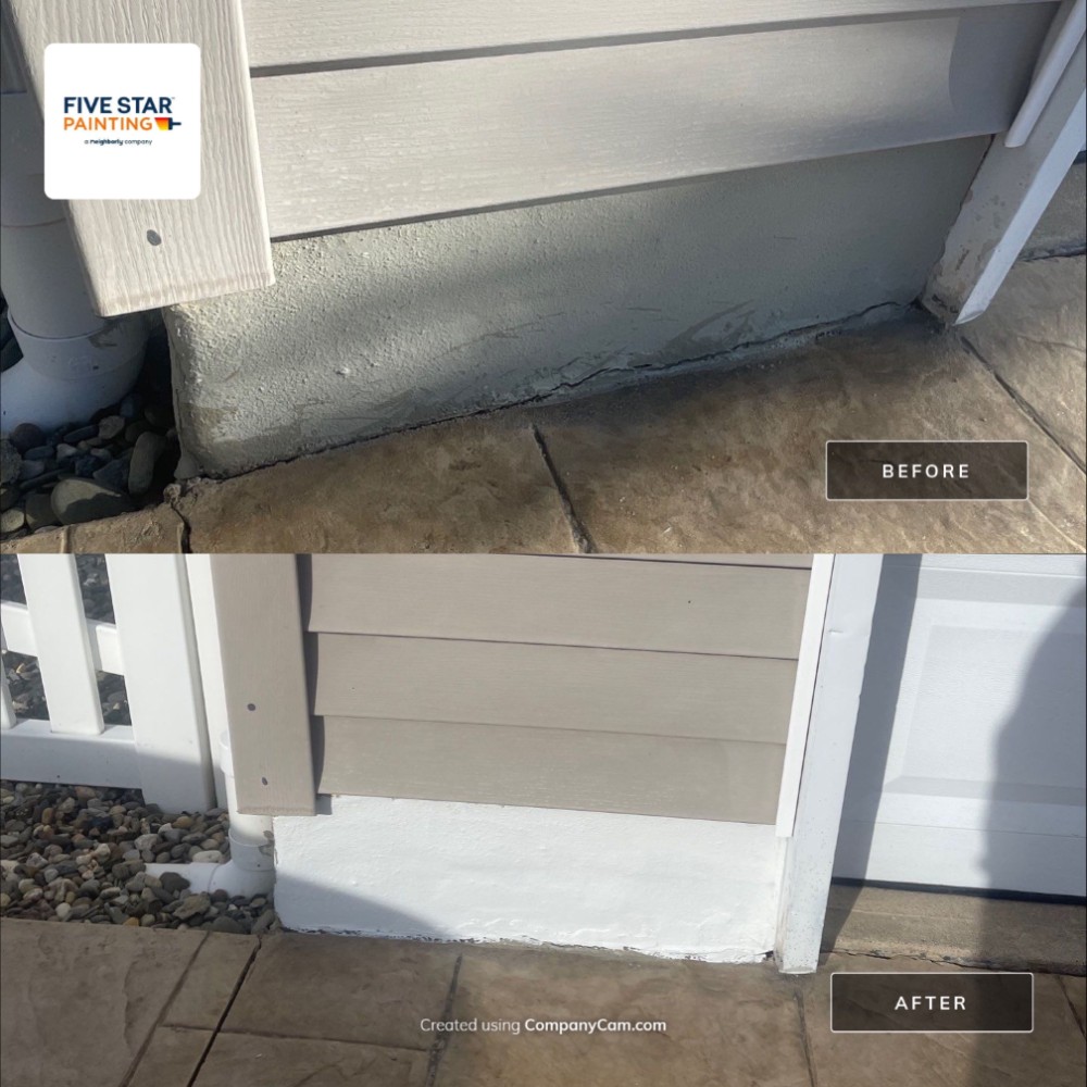 Before and after images of an exterior painting project by Five Star Painting. The before photo shows a cracked, uneven base wall. The after photo shows the base freshly painted and restored with a clean, smooth finish