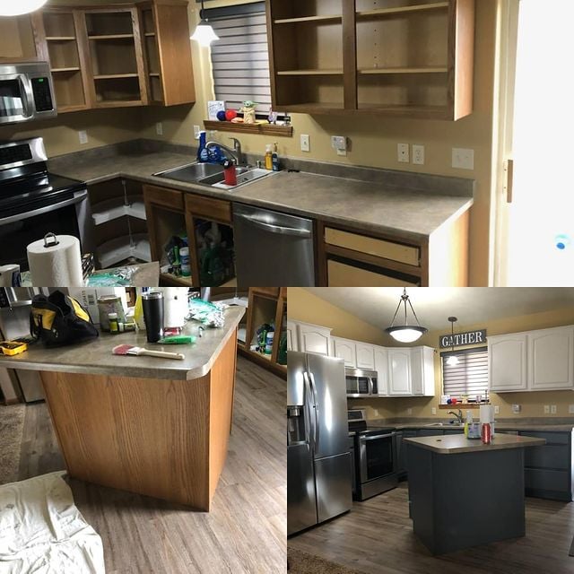 Before and after white and grey kitchen cabinets with brown counters