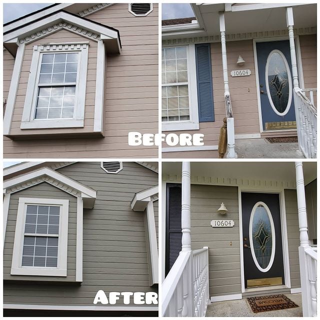 before and after beige exterior with white accents
