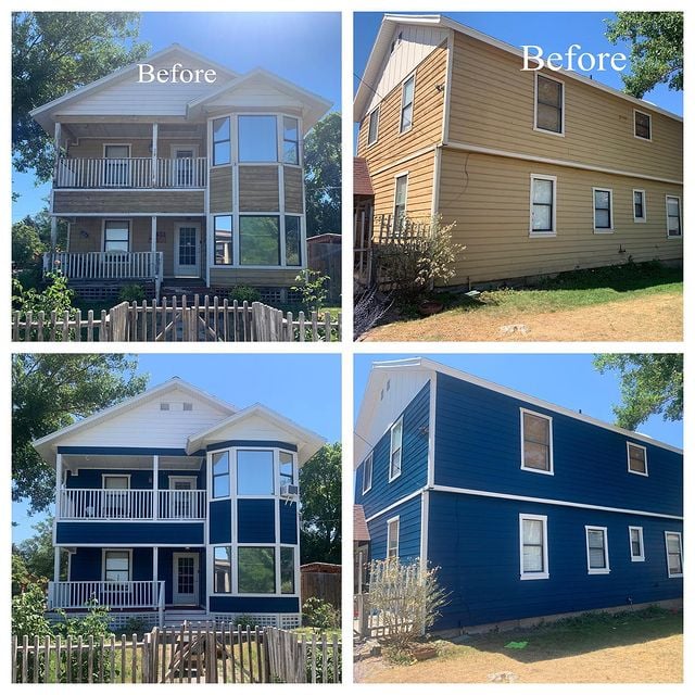 before and after blue house with white accents