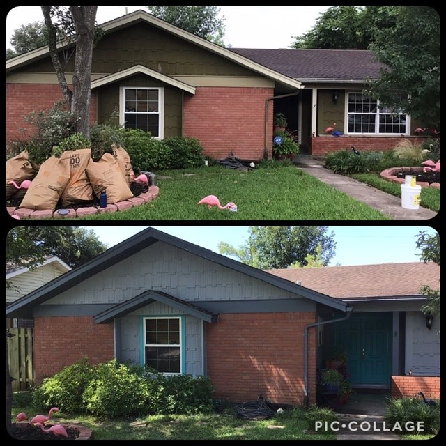 before and after brick house with blue accents