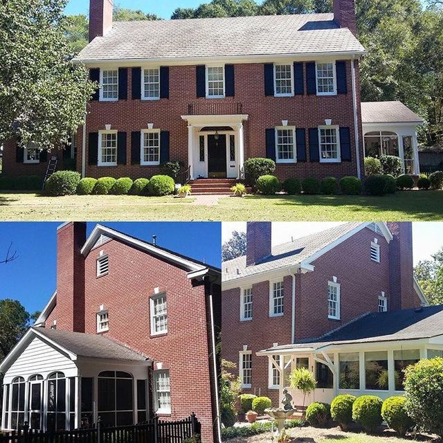 before and after brick house with white accents and black shutters