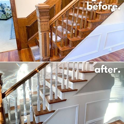 before and after of white and wooden staircase