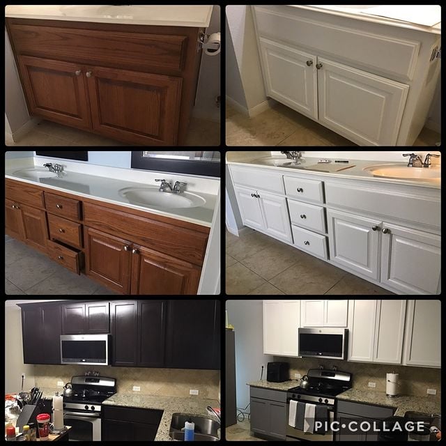before and after photos of brown kitchen cabinets painted white
