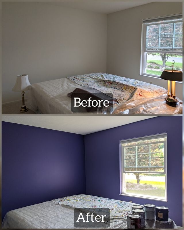 before and after purple room with bed in the middle