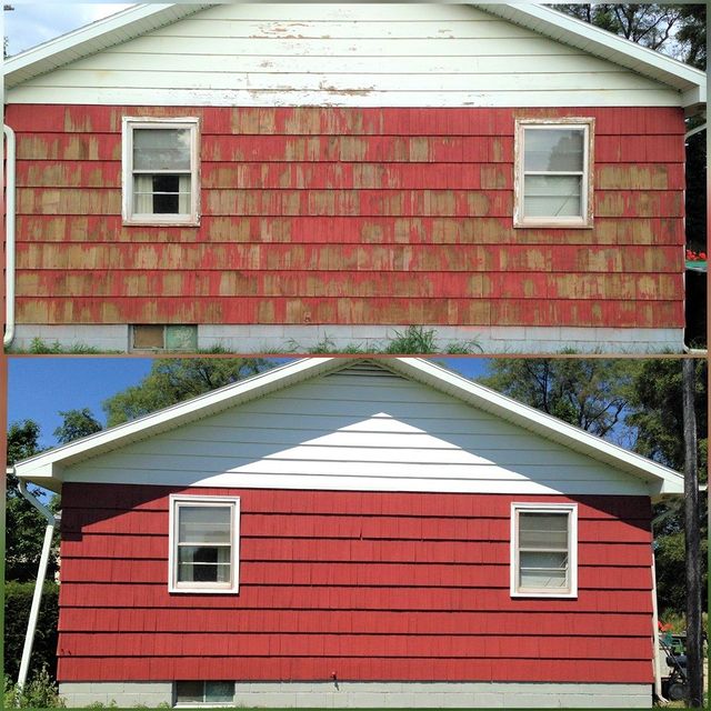 before and after red and white house