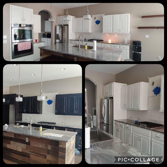 before and after white kitchen cabinets with marble counters