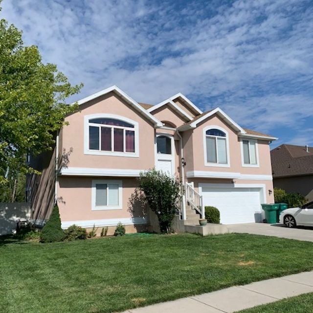 beige house with white accents