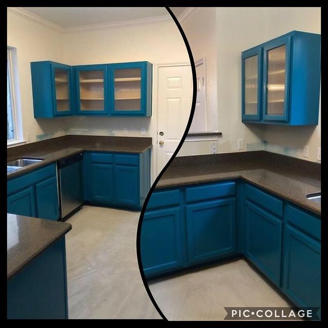 blue kitchen cabinets with brown counter