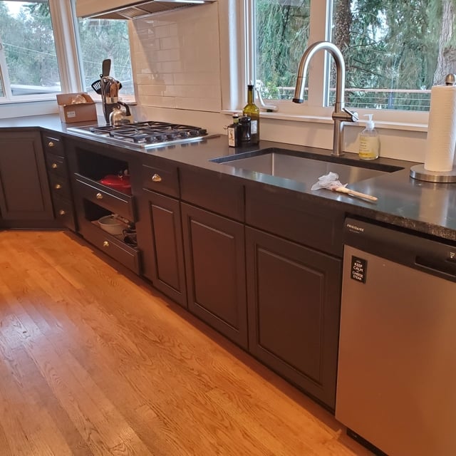 kitchen with black cabinets and hardwood floor