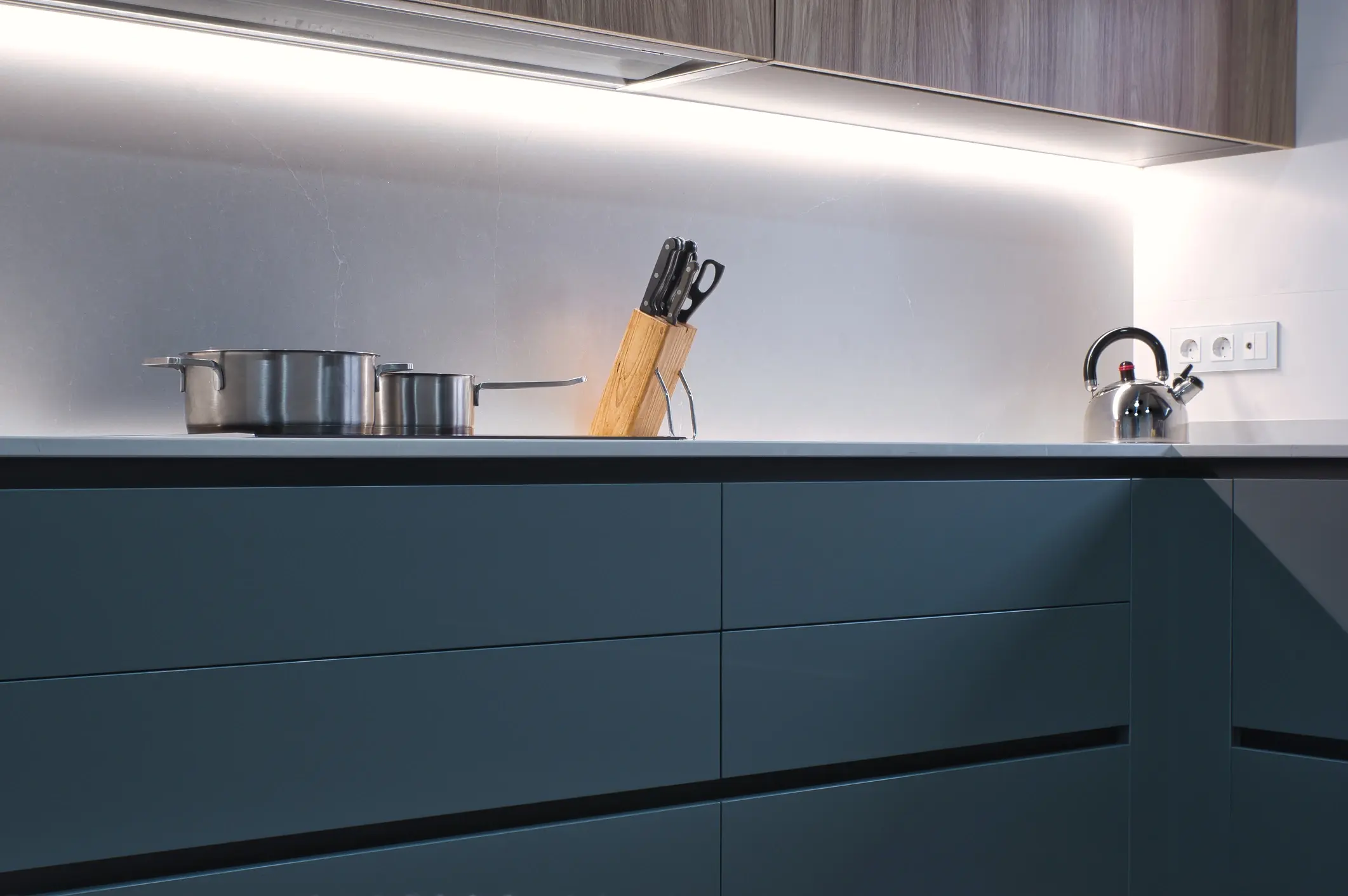 Search by image or video Green and grey wooden modern kitchen cabinets.