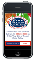 Cell phone screen browsing Five Star Painting website. 