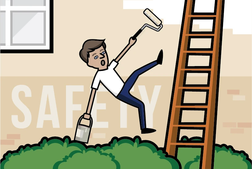 Safety: Cartoon of a painting man falling from a ladder.