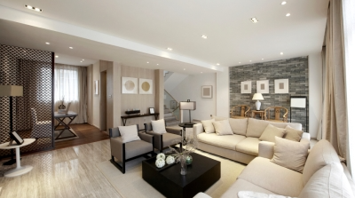 Modern White Living Room with Natural (Taupe, Gray, Beige) Colored Accents.  