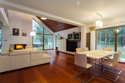 Modern White Living Room with Wood Floors and Wood Ceiling.