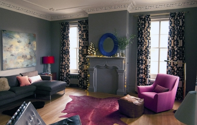 Living room with grey walls.