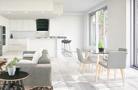Interior of a house done in shades of grey and white.
