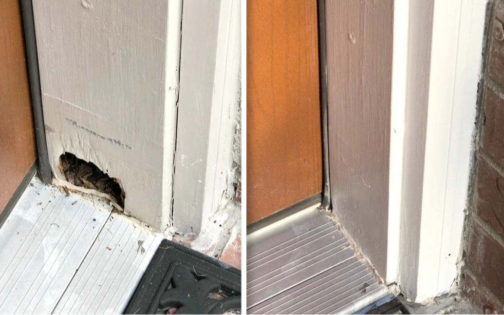Before and after wood rot repair on a door frame.