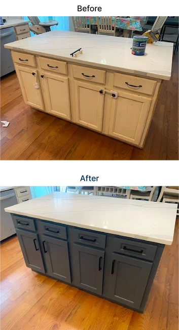 Kitchen island cabinet door replacement before and after.