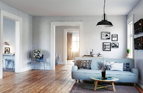 Home living room interior featuring sky blue sofa and hardwood flooring.